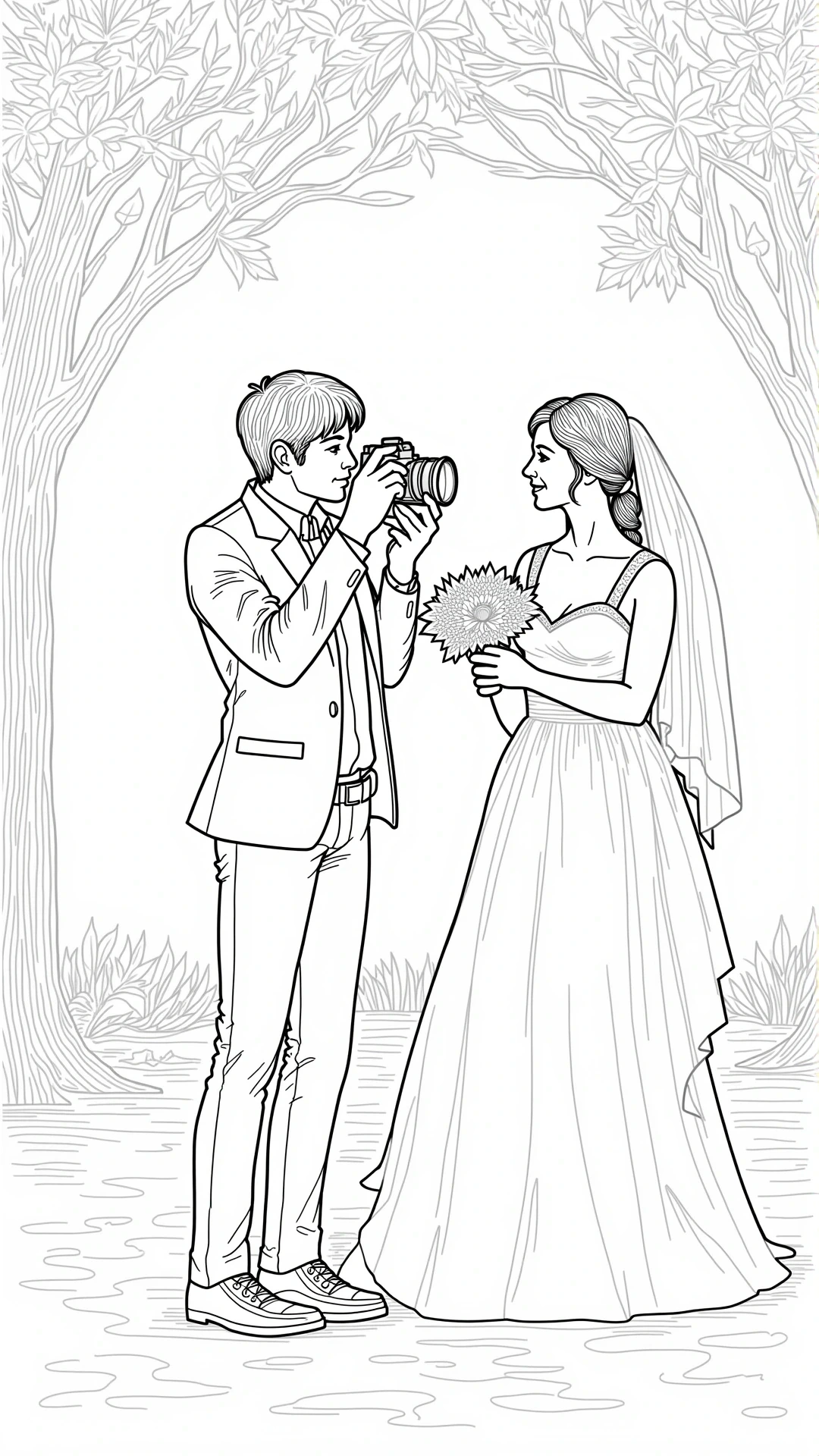 Black-and-white line drawing of a bride in a gown holding a bouquet and a groom taking her photo under trees; ideal for detailed coloring page, kids' coloring page, printable coloring page and