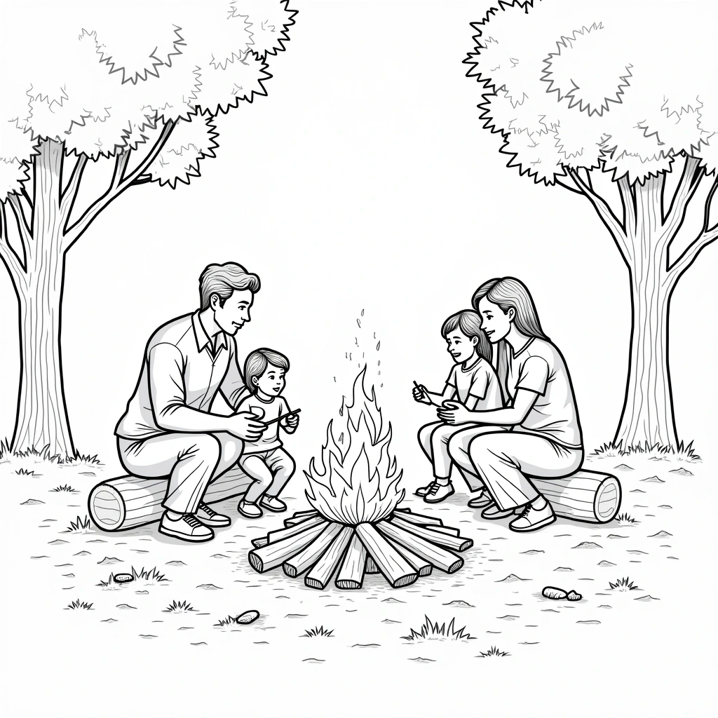Black-and-white campfire scene of a family seated on logs around a fire in the woods detailed coloring page and kids' coloring page for a printable coloring page and coloring sheets.