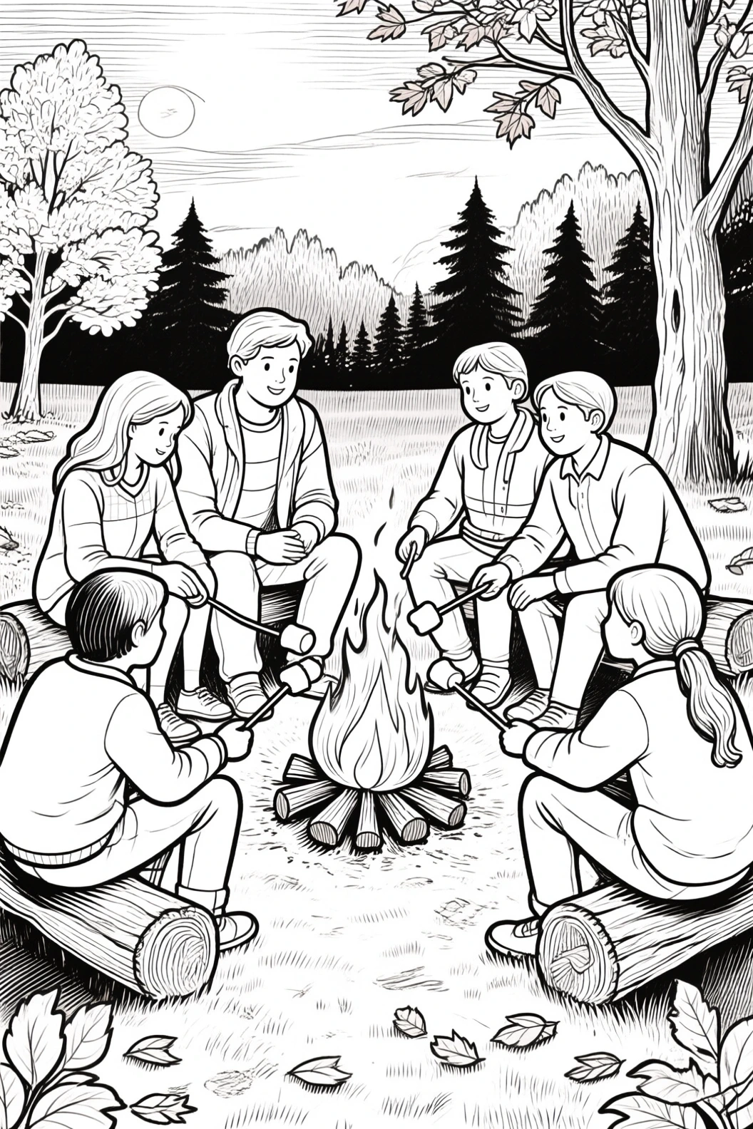 Black-and-white campfire scene with kids and people roasting marshmallows in the woods detailed coloring page ideal for kids' coloring page, printable coloring page and coloring sheets.