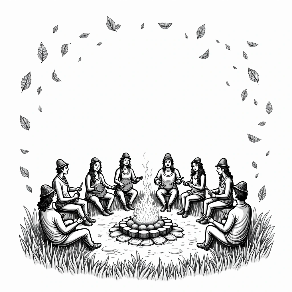 Black-and-white campfire scene with people sitting in a circle around a bonfire, falling leaves framing the page a printable coloring page ideal for detailed coloring page, kids' coloring page