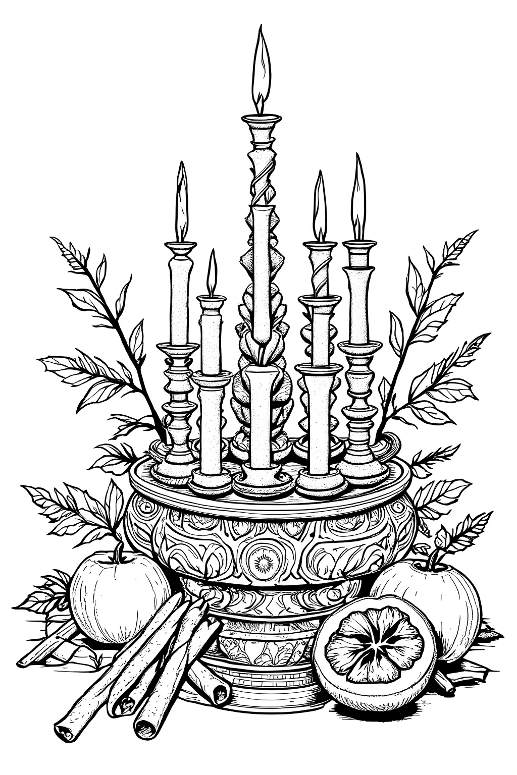 Black and white festive candle centerpiece line art for coloring detailed coloring page featuring candles, apples, cinnamon sticks, and leaves. Great kids' coloring page and a printable coloring page.