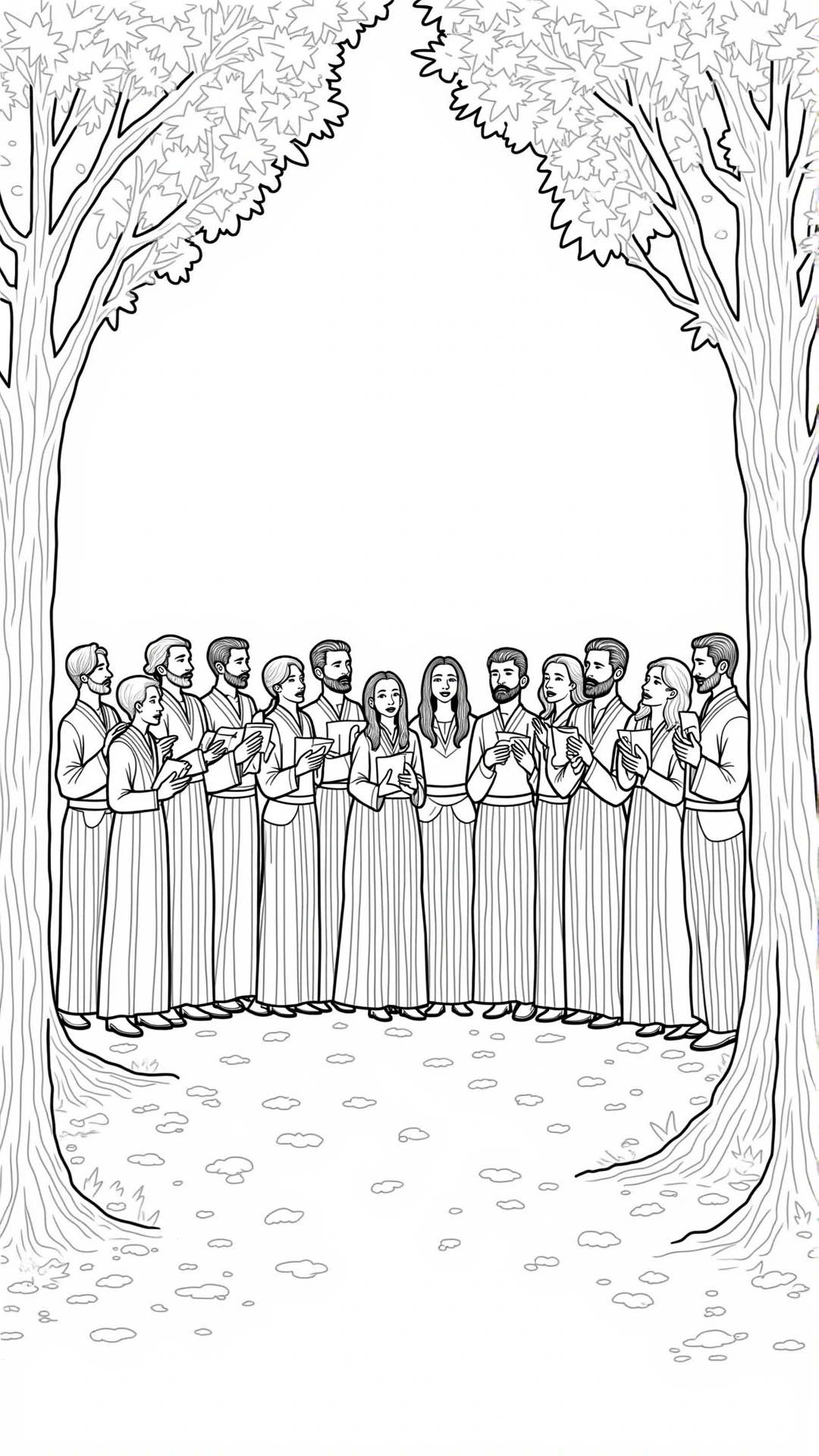 Black-and-white choir of people standing under trees holding songbooks a printable coloring sheet for kids and adults, great for a printable coloring page, kids' coloring page, detailed coloring page.