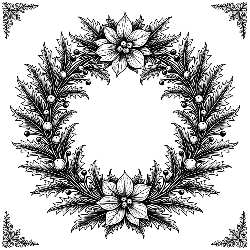Black and white Christmas wreath coloring page with poinsettia and holly detailed coloring page for kids' coloring page and an adult printable coloring page of coloring sheets and mandala-style