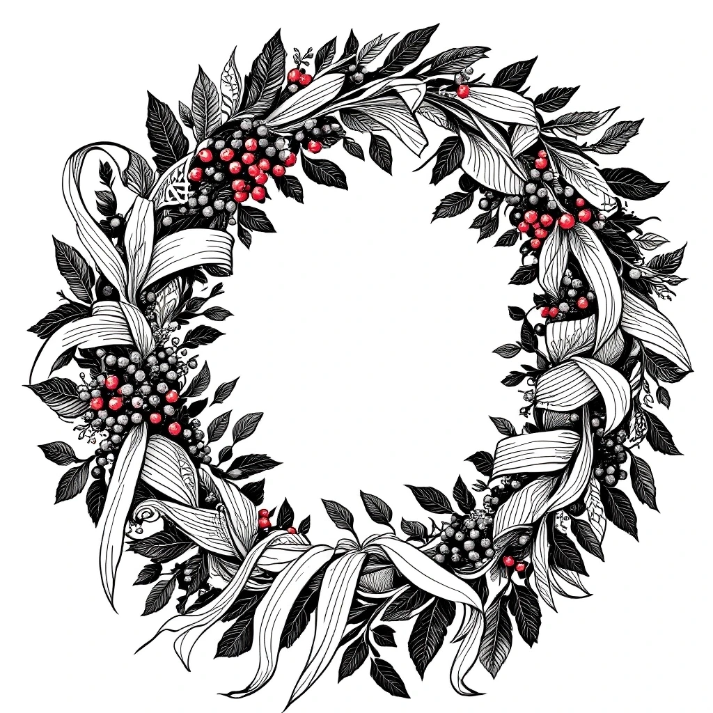 Black-and-white festive berry wreath outline for coloring with ribbons, leaves and clusters of berries printable coloring sheet for kids' coloring page and detailed coloring page, great for a