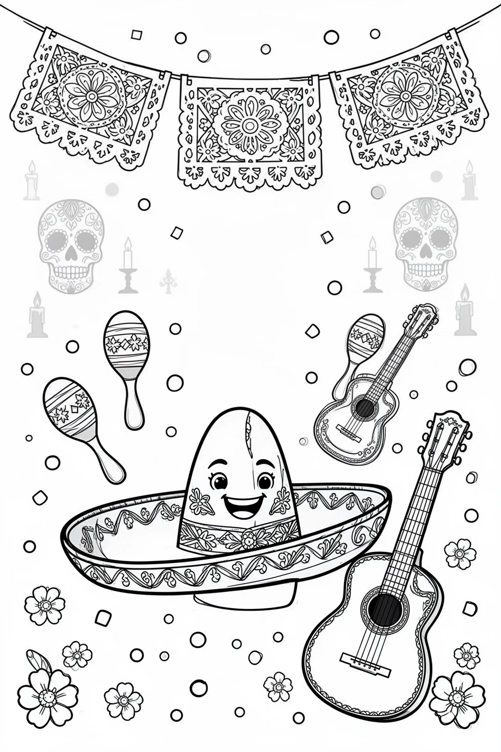 Cinco de Mayo coloring page: Sombrero, Papel Picado & Maracas.