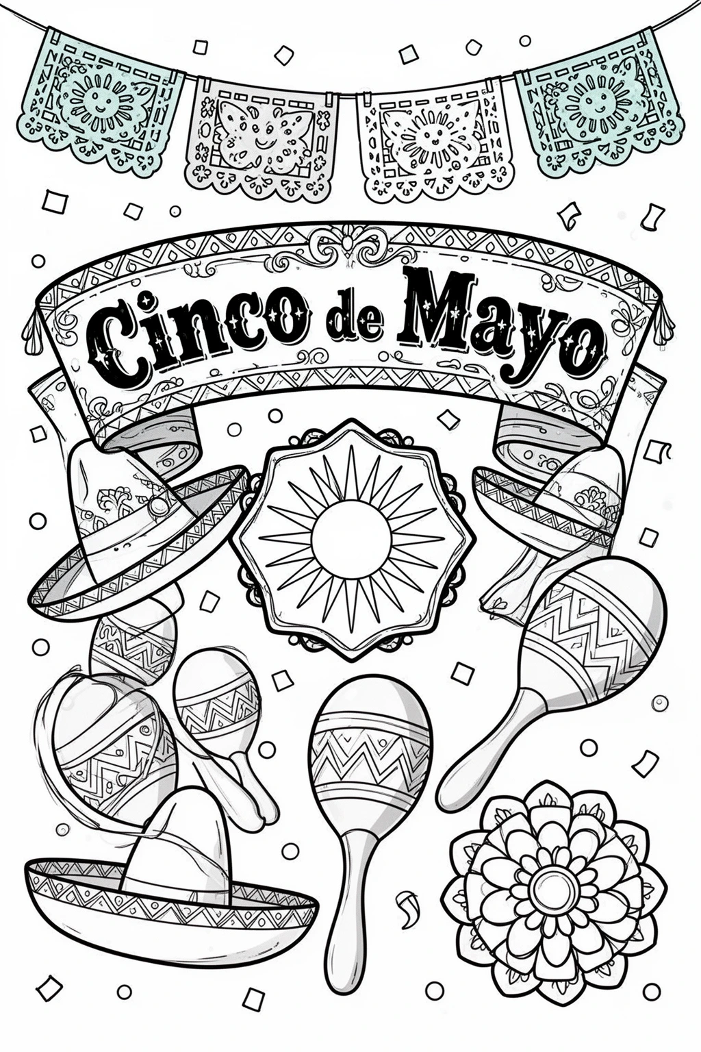 Cinco de Mayo coloring page with Sombrero, Banners & Maracas.