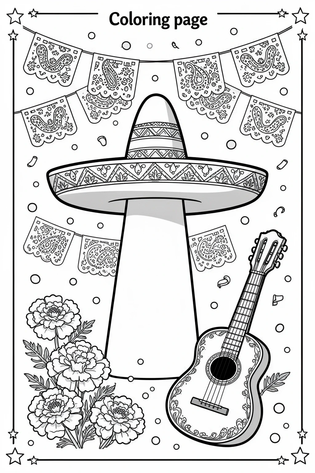 Cinco de Mayo coloring page: Festive Sombrero, Banners & Flowers.