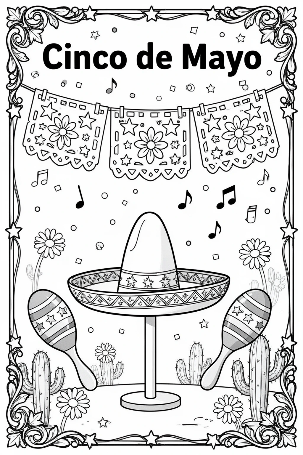 Cinco de Mayo coloring page: Sombrero, Maracas & Papel Picado.