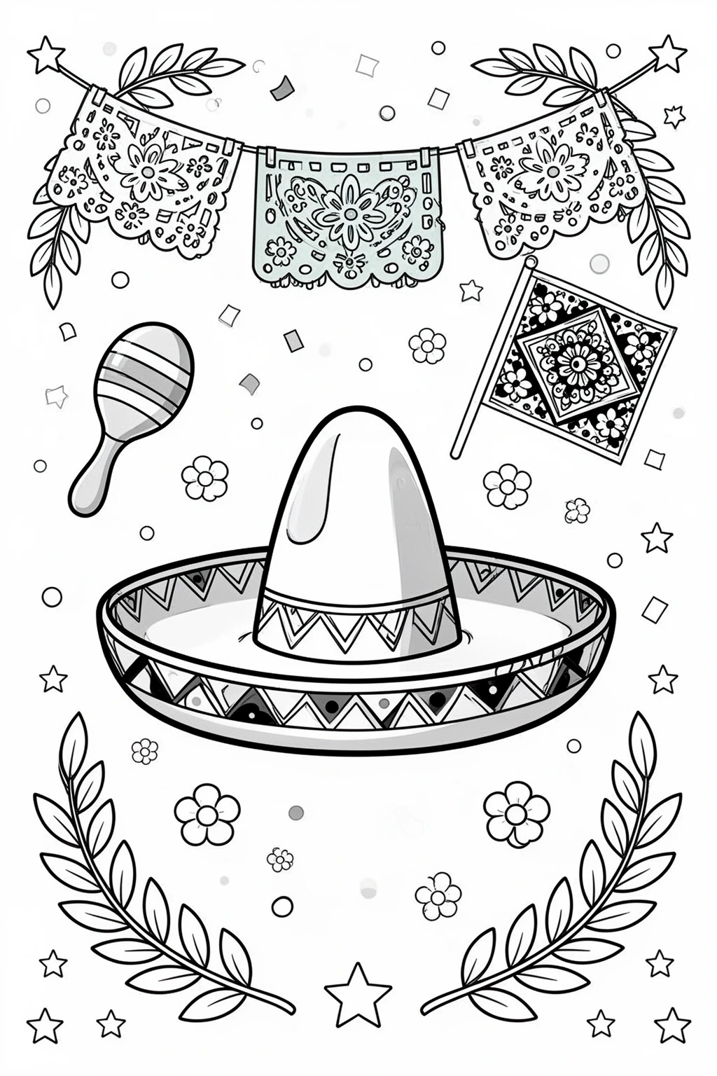 Cinco de Mayo coloring page Sombrero, Papel Picado & Stars.