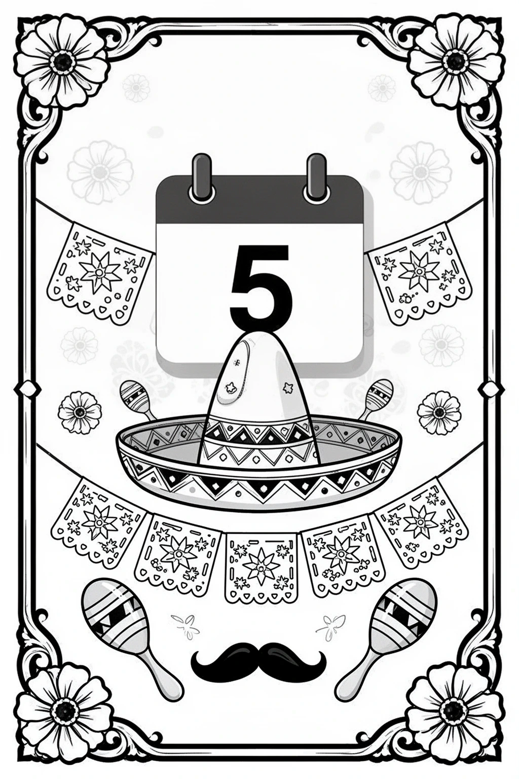 Cinco de Mayo coloring page with Sombrero, Maracas & Papel Picado.