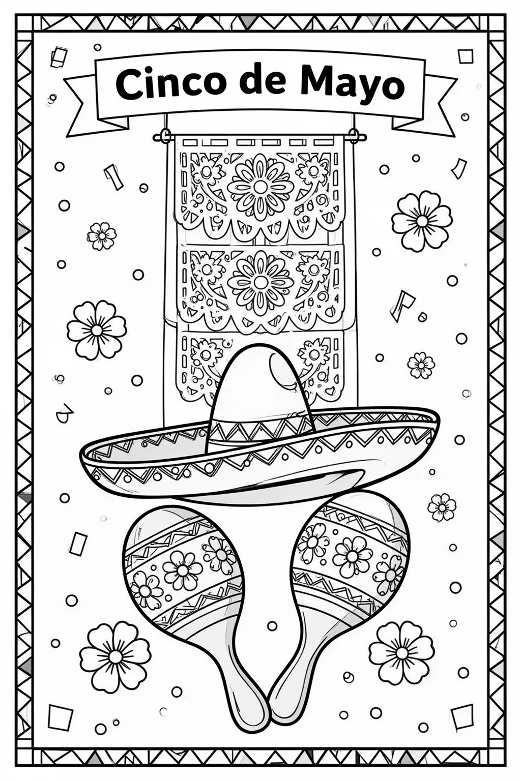 Cinco de Mayo coloring page - Festive Sombrero, Banner & Maracas.