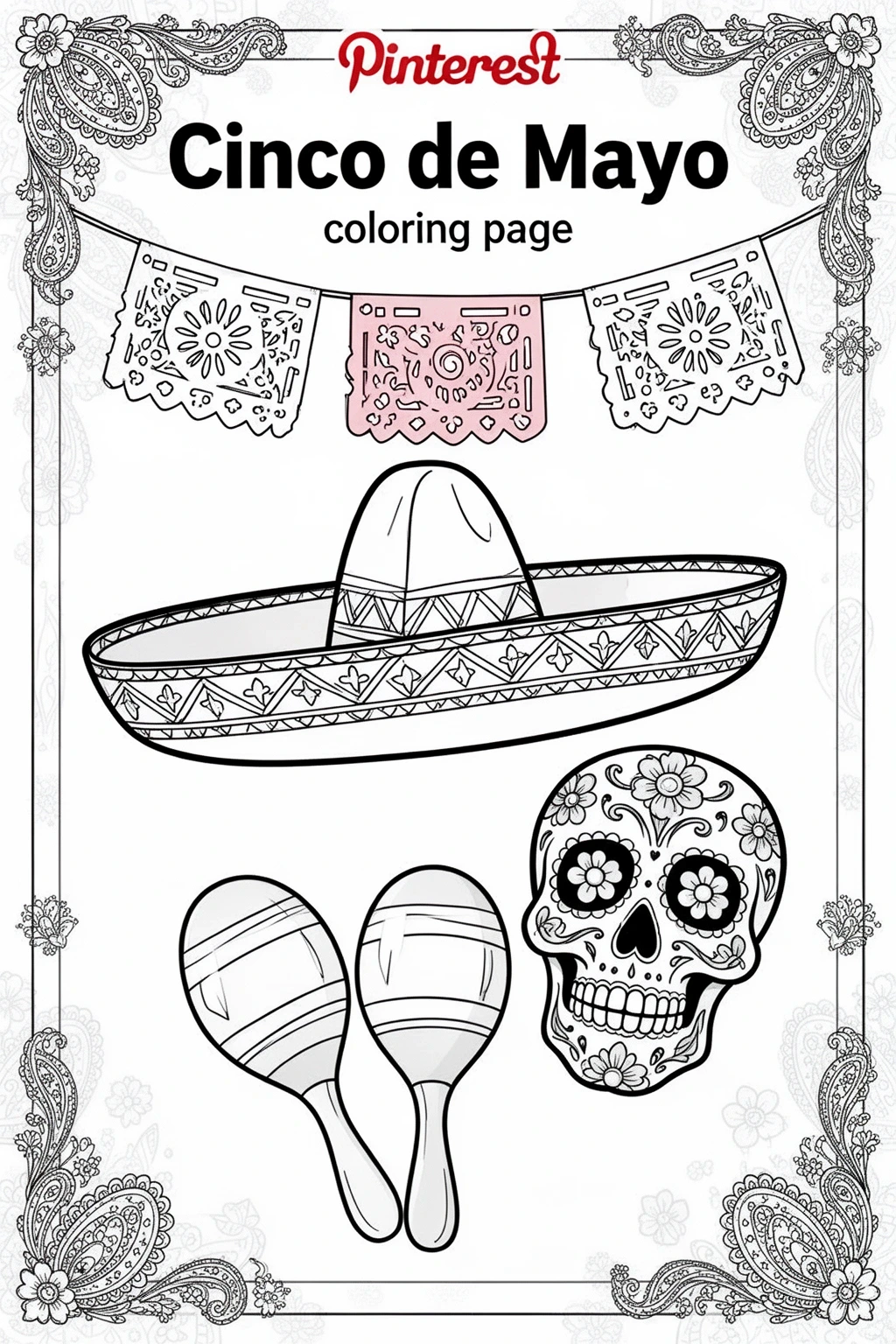 Cinco de Mayo coloring page Festive Sombrero & Papel Picado.