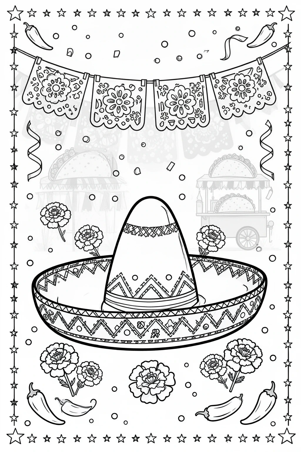Cinco de Mayo coloring page: Festive Sombrero & Papel Picado.