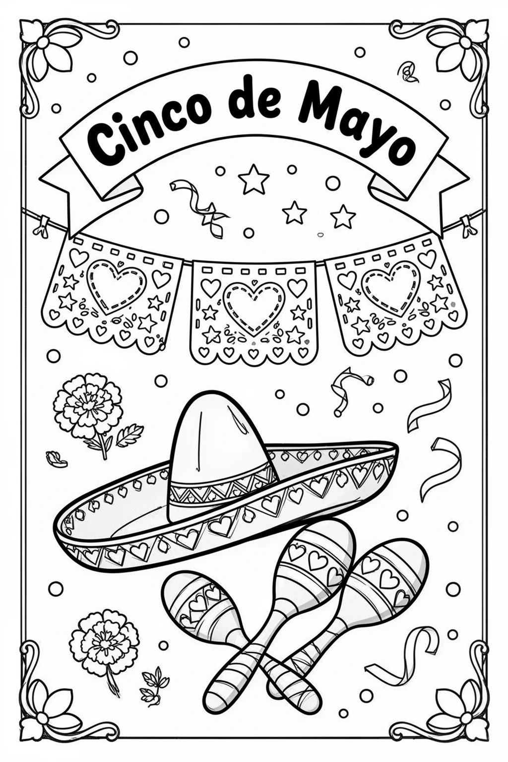 Cinco de Mayo coloring page: Festive Banner, Sombrero & Maracas.