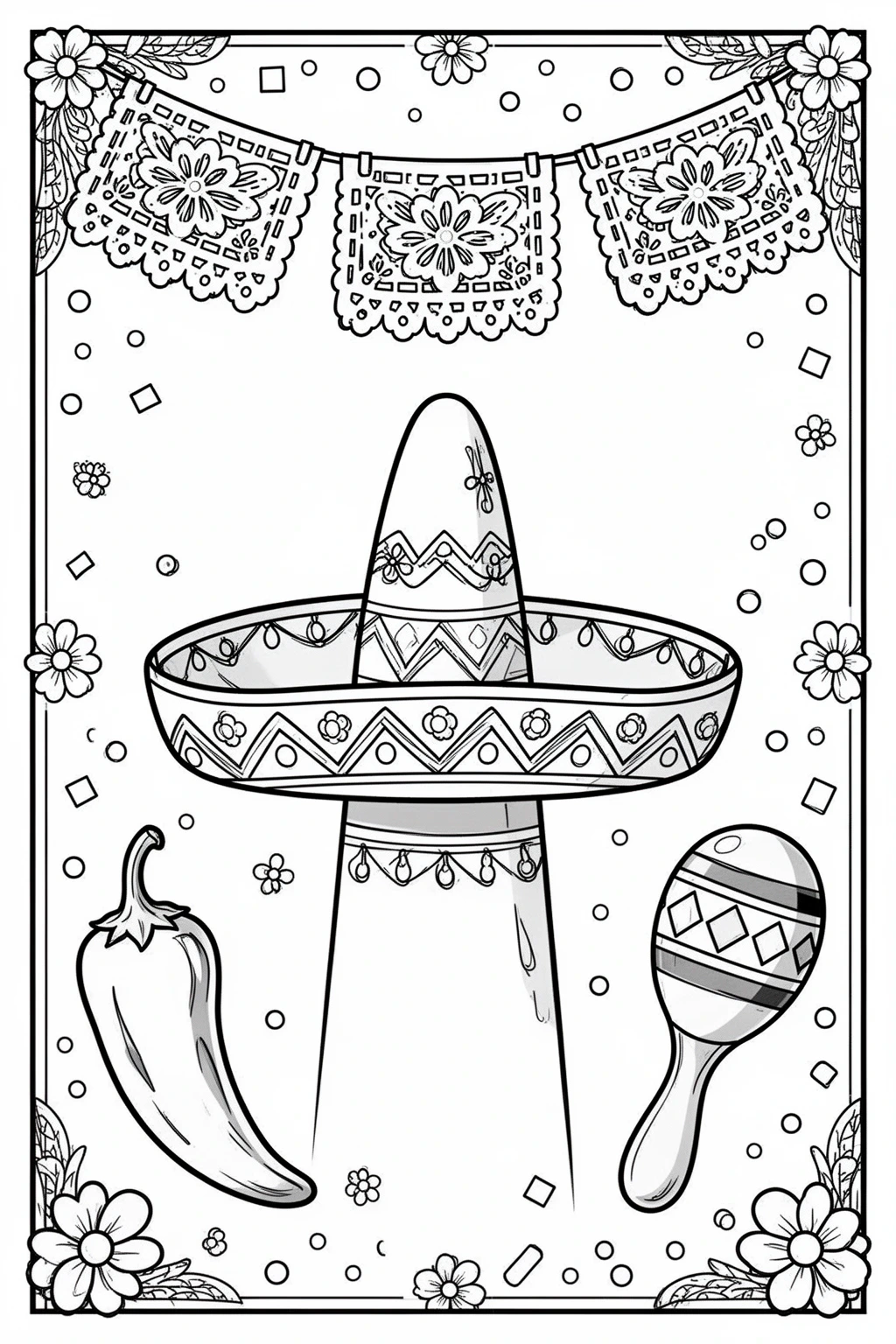 Cinco de Mayo coloring page | Sombrero, Maracas & Papel Picado.