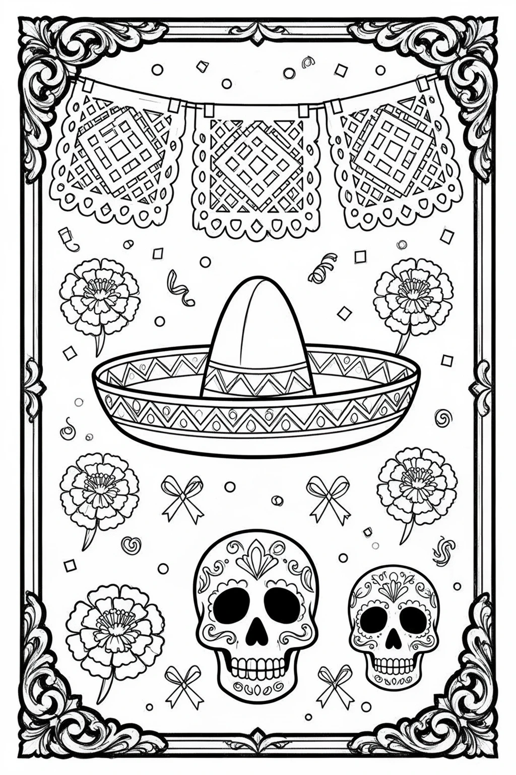 Cinco de Mayo Fiesta coloring page with Sombrero & Papel Picado.