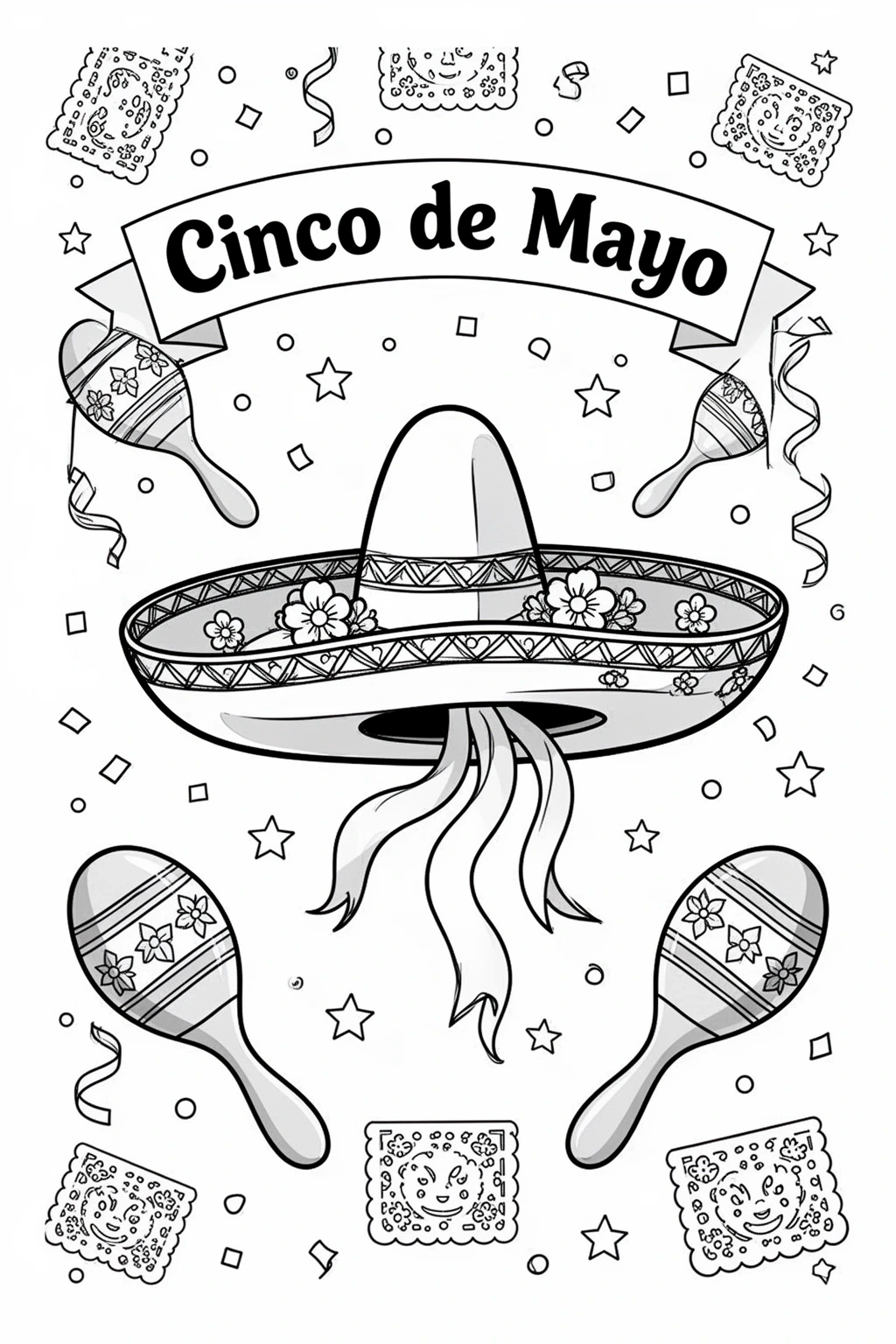 Cinco de Mayo coloring page Sombrero, Maracas & Banner.