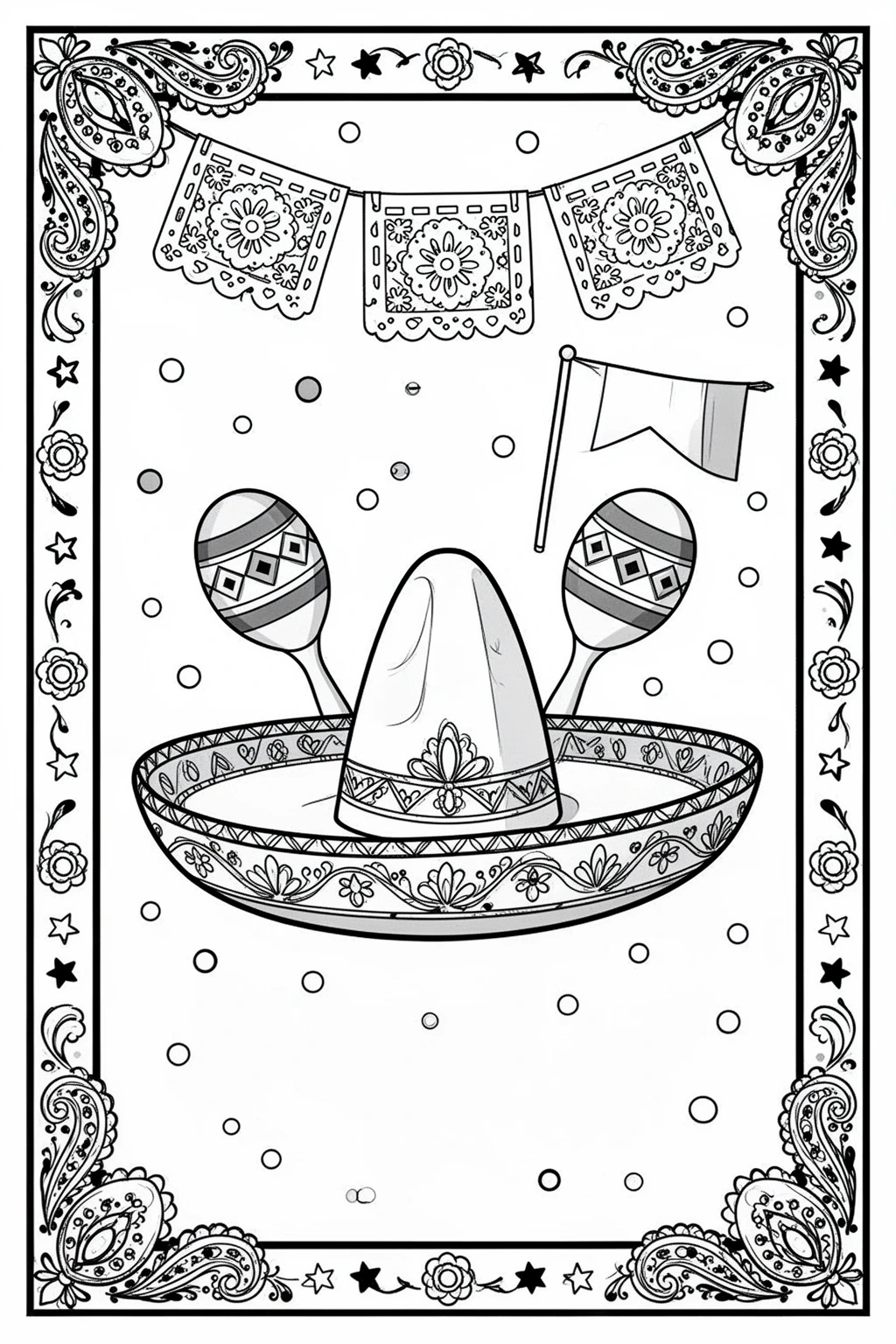 Cinco de Mayo coloring page: Sombrero & Papel Picado Banners.