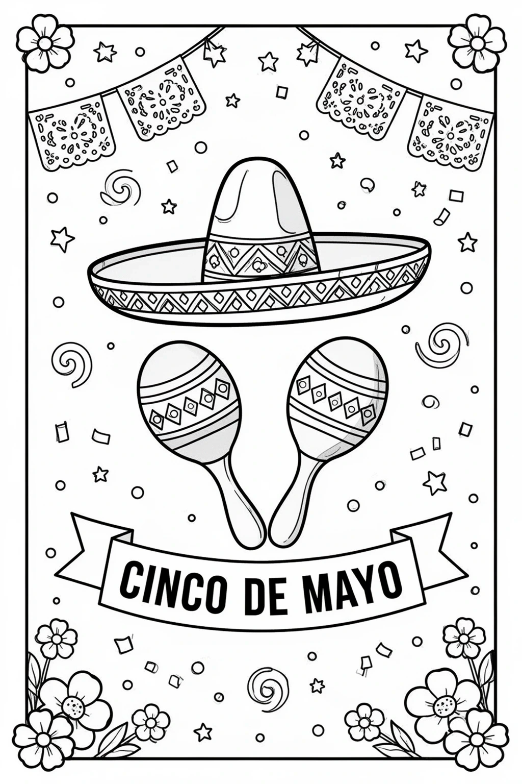 Cinco de Mayo coloring page Festive Sombrero Maracas Banner.