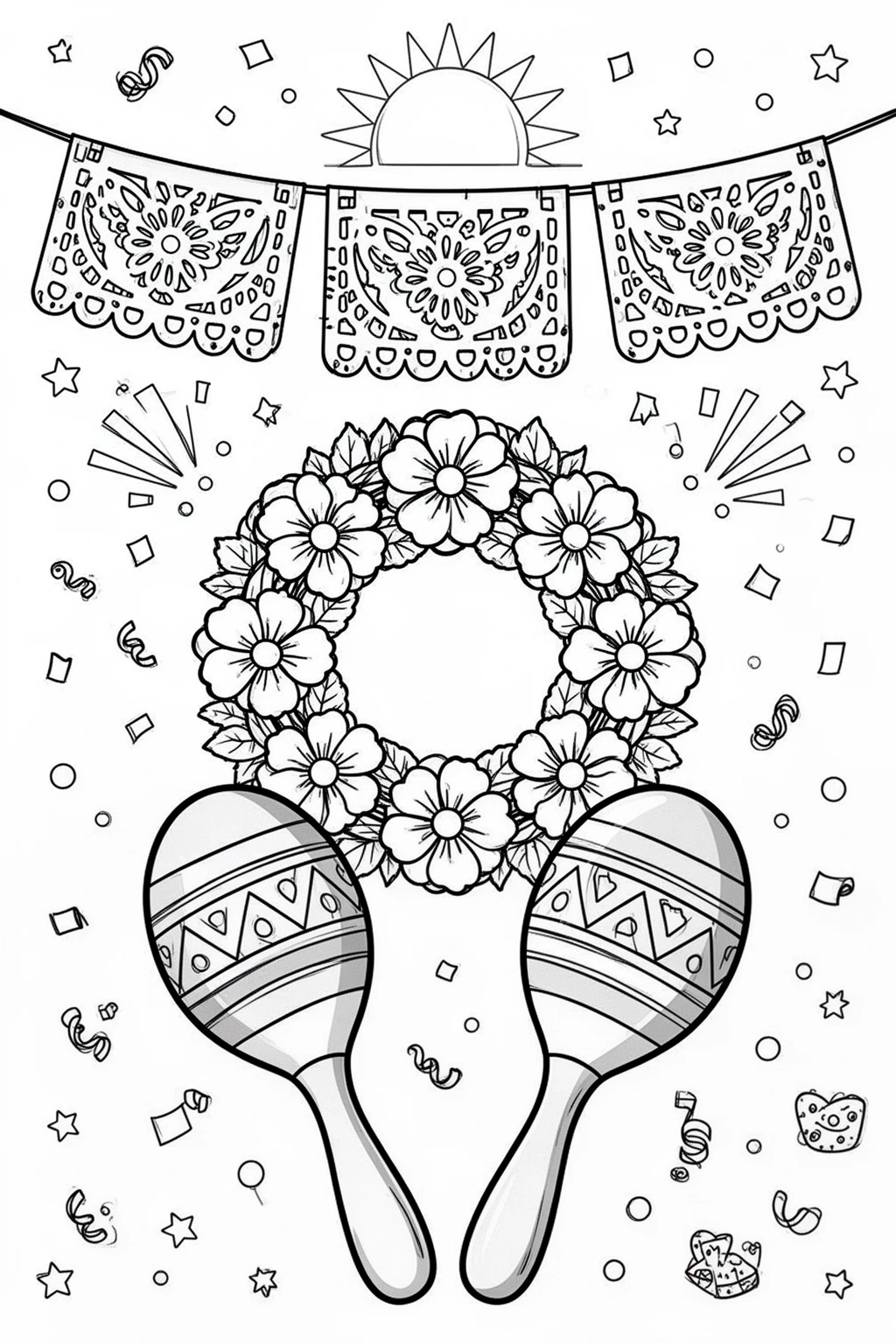 Cinco de Mayo Fiesta coloring page | Maracas & Papel Picado.