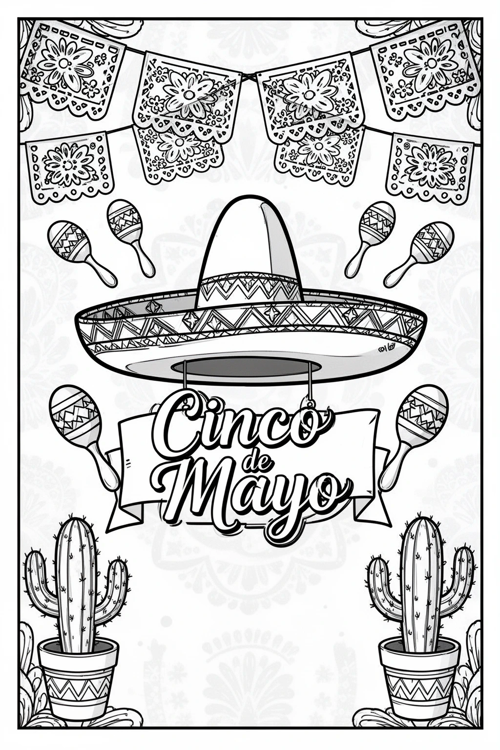 Cinco de Mayo Fiesta coloring page | Sombrero, Banners & Maracas.