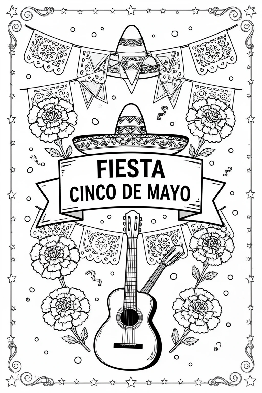 Cinco de Mayo coloring page | Festive Marigolds & Banners.