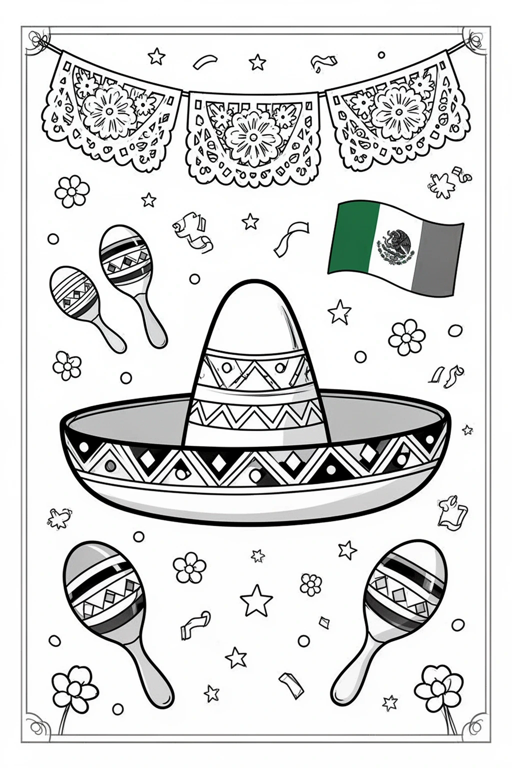 Cinco de Mayo coloring page - Sombrero, Papel Picado & Maracas.