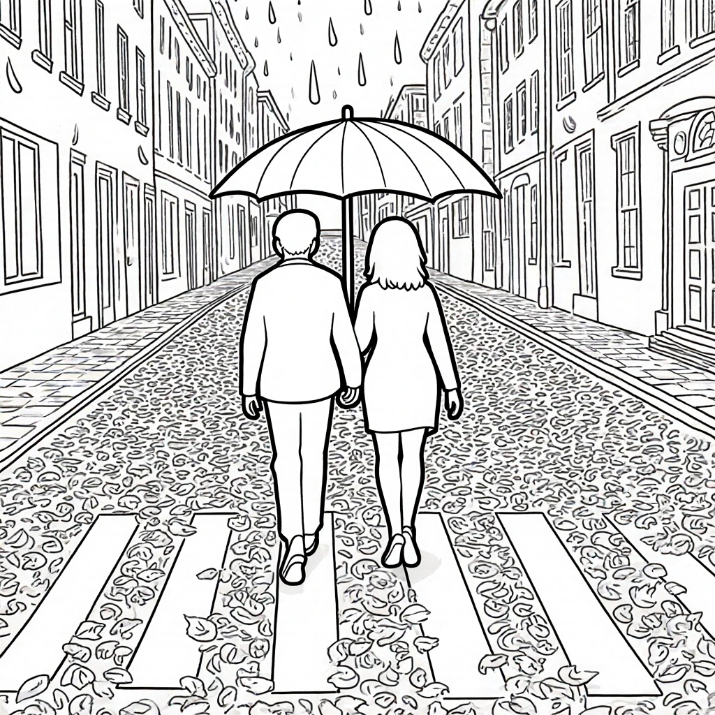 Black-and-white line art of a couple walking down a cobblestone street under an umbrella with raindrops and scattered leaves detailed coloring page, kids' coloring page, printable coloring page and