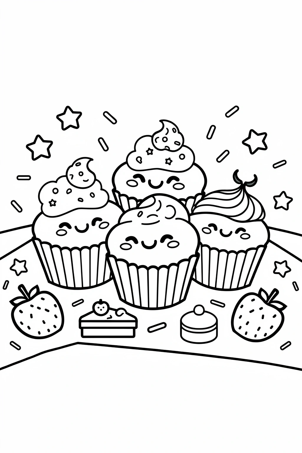 Black-and-white printable cupcake coloring page with four smiling cupcakes, strawberries, small cakes, stars and sprinkles a detailed coloring page design ideal for kids' coloring page and printable