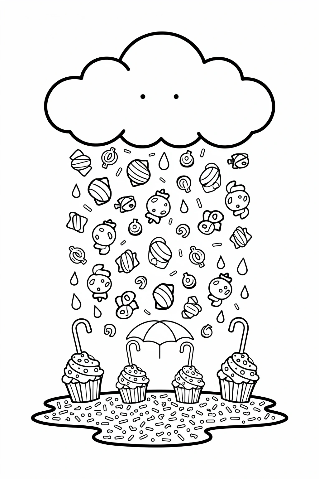 Black-and-white detailed coloring page showing a smiling cloud raining candies and cupcakes onto cupcakes and sprinkles kids' coloring page, printable coloring page, and coloring sheets for a sweet