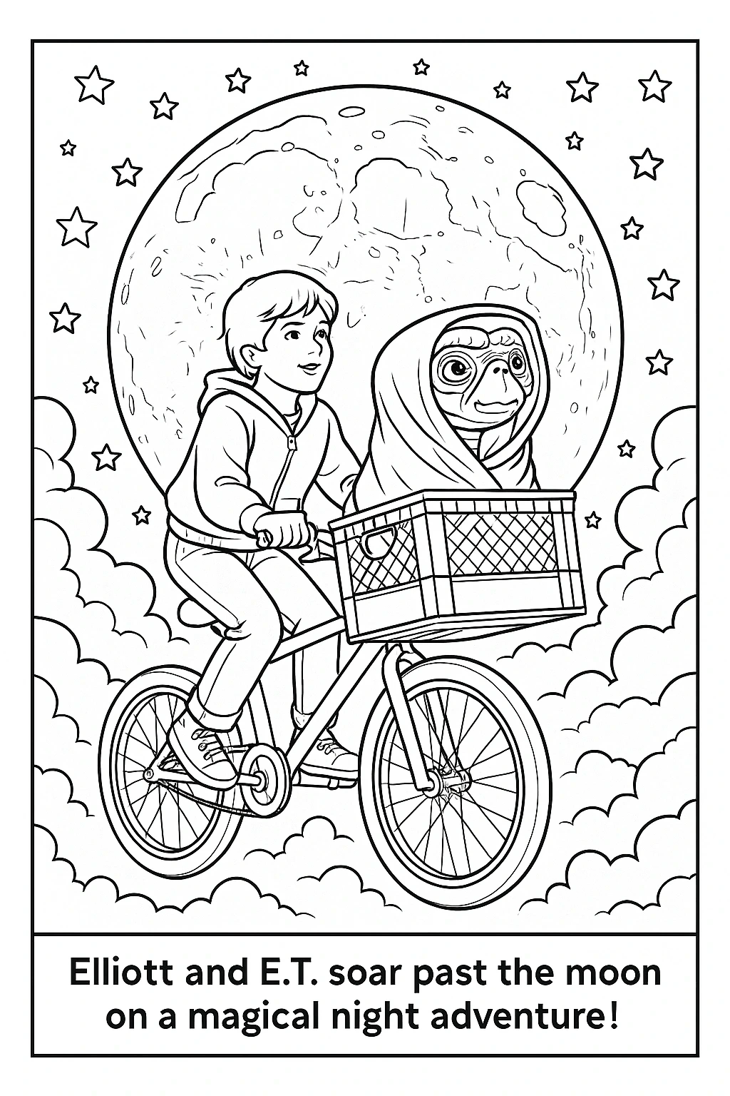 Black-and-white detailed coloring page of a boy riding a bicycle with a wrapped alien in the front basket flying past the moon; perfect kids' coloring page, printable coloring page, and coloring