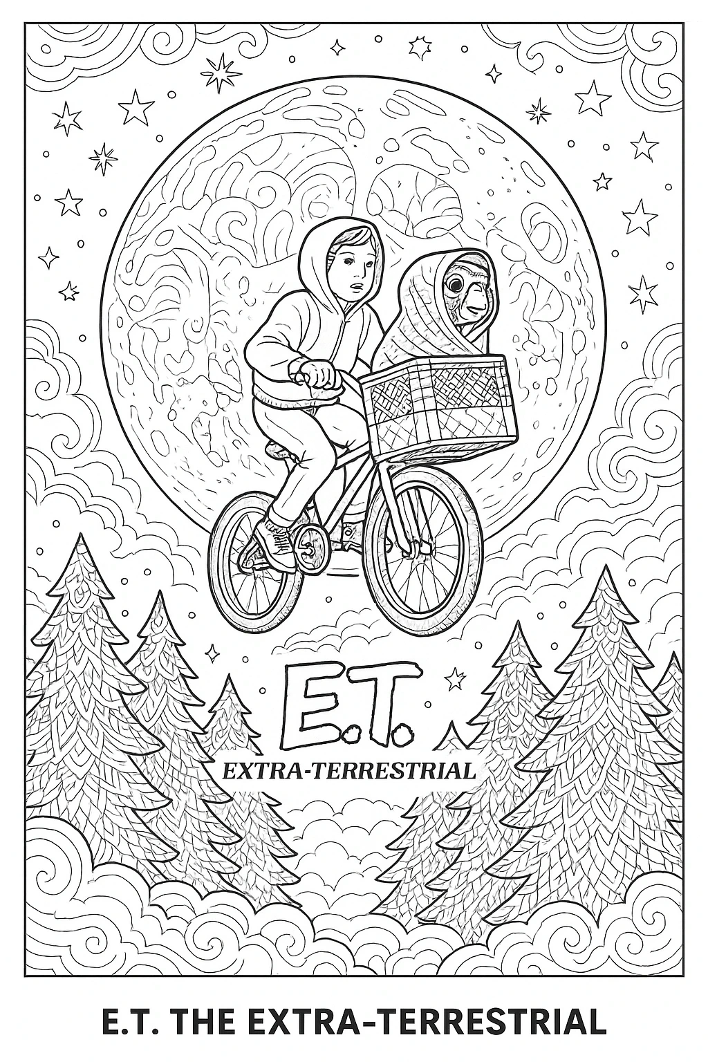 Black and white E.T. movie coloring page showing a child pedaling a bicycle with E.T. in the front basket flying across the moon; detailed coloring page, kids' coloring page, printable coloring page