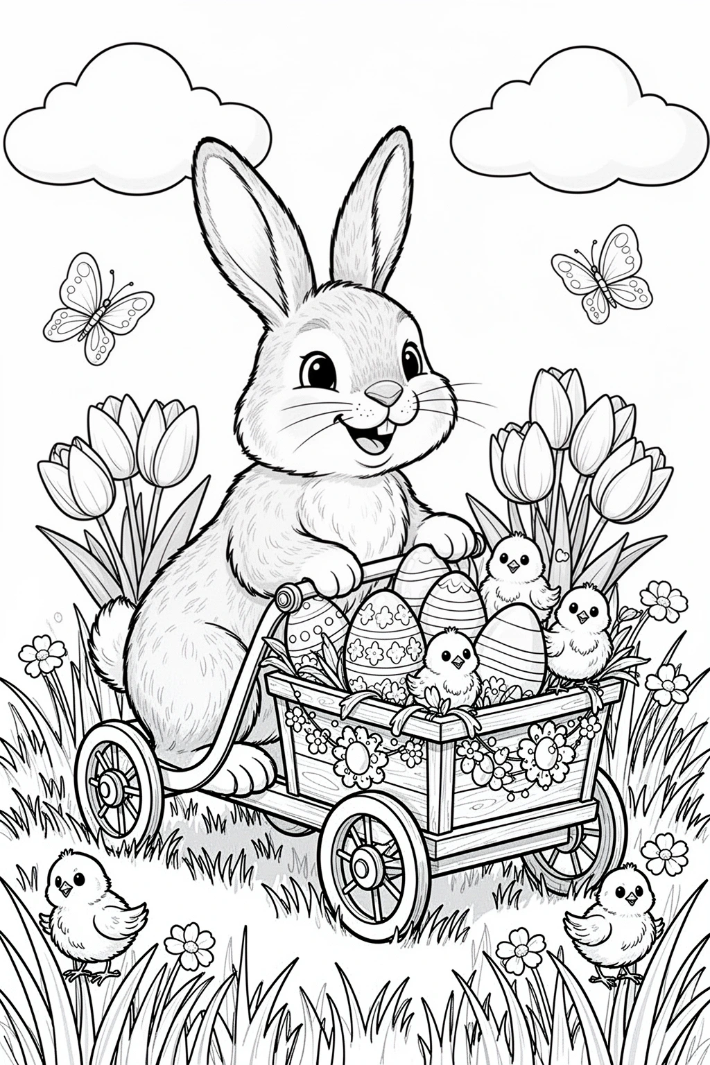 Detailed coloring page of a bunny pulling a wagon filled with Easter eggs, tulips, chicks, and meadow details.