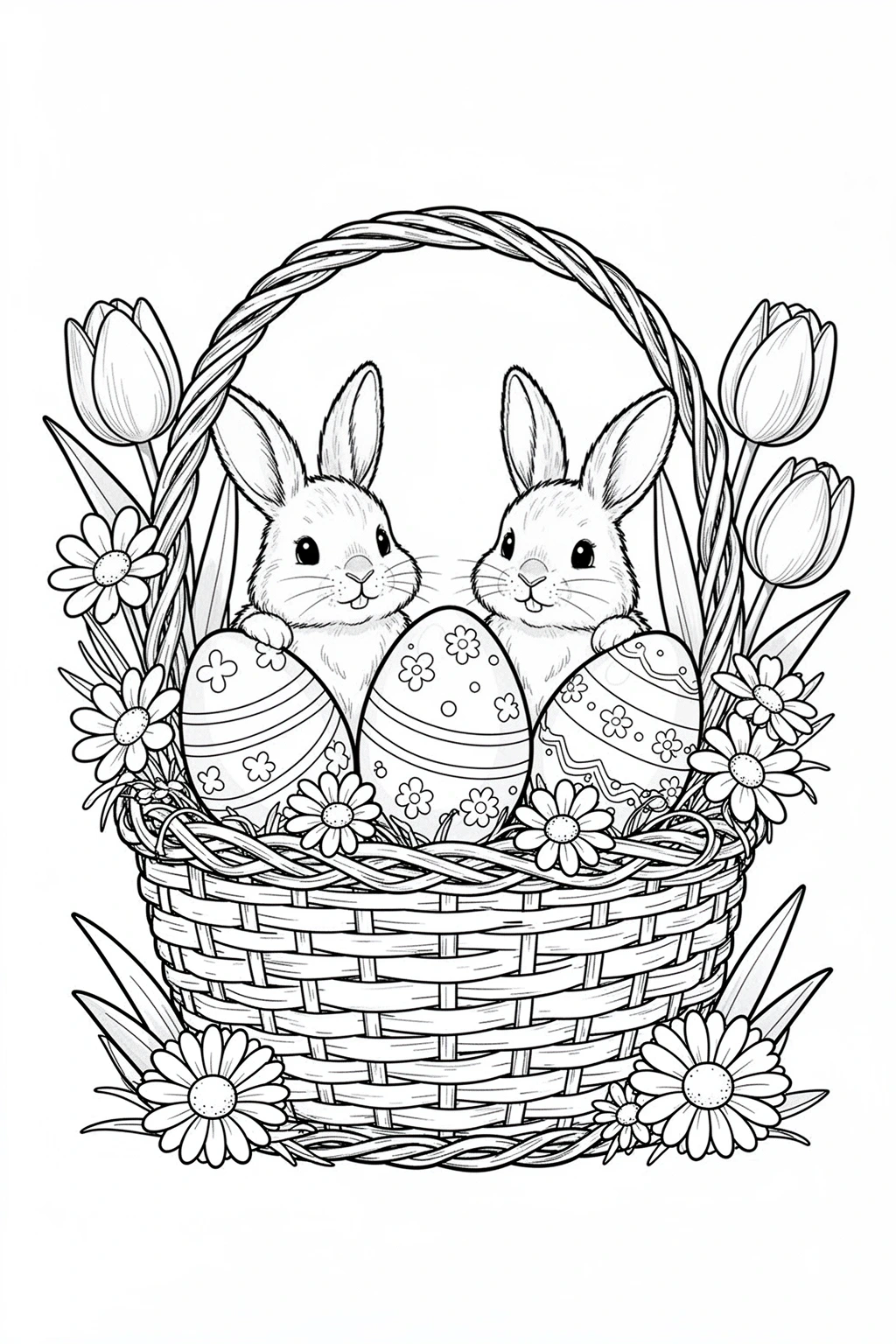Black-and-white coloring page of an Easter basket filled with eggs, flowers, and two small bunnies.