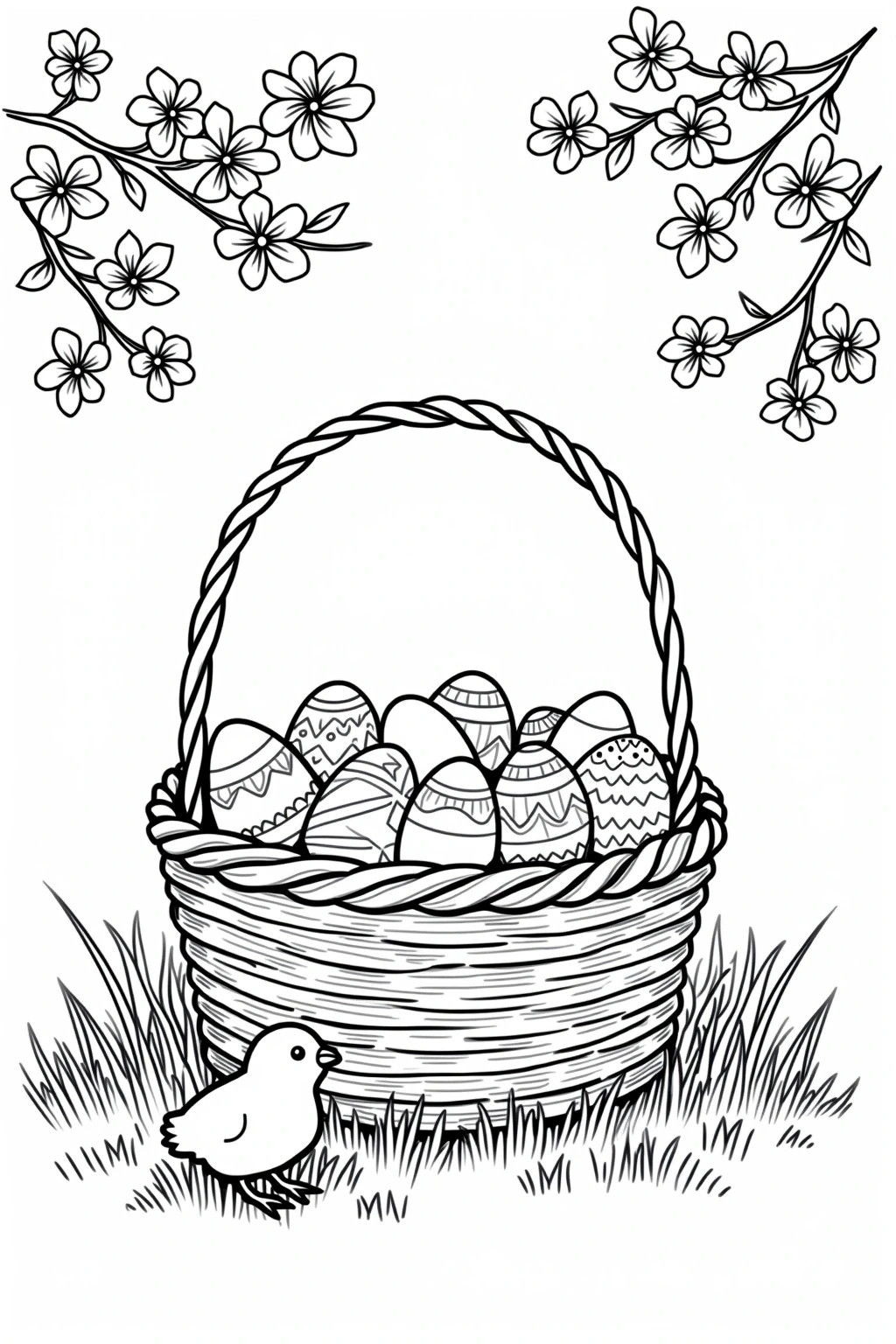 Black and white Easter coloring page showing a woven basket filled with decorated eggs, a small chick in grass, and cherry blossom branches above. Ideal for detailed coloring page, kids' coloring