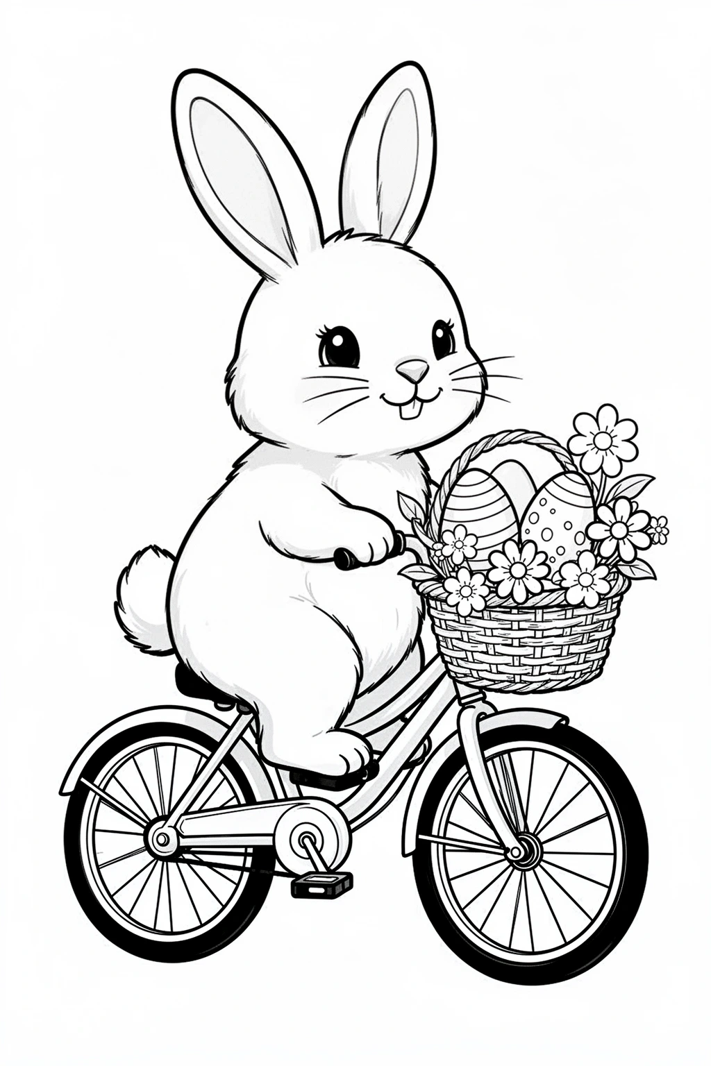 Black-and-white coloring page of easter bunny bicycle coloring page.