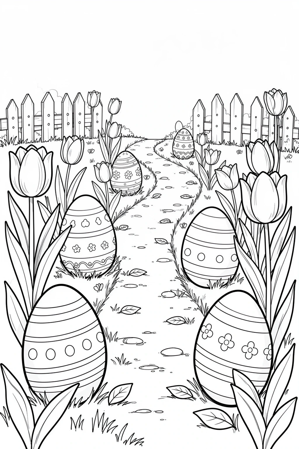 Black-and-white coloring page of a spring garden path lined with decorated Easter eggs and tulips.