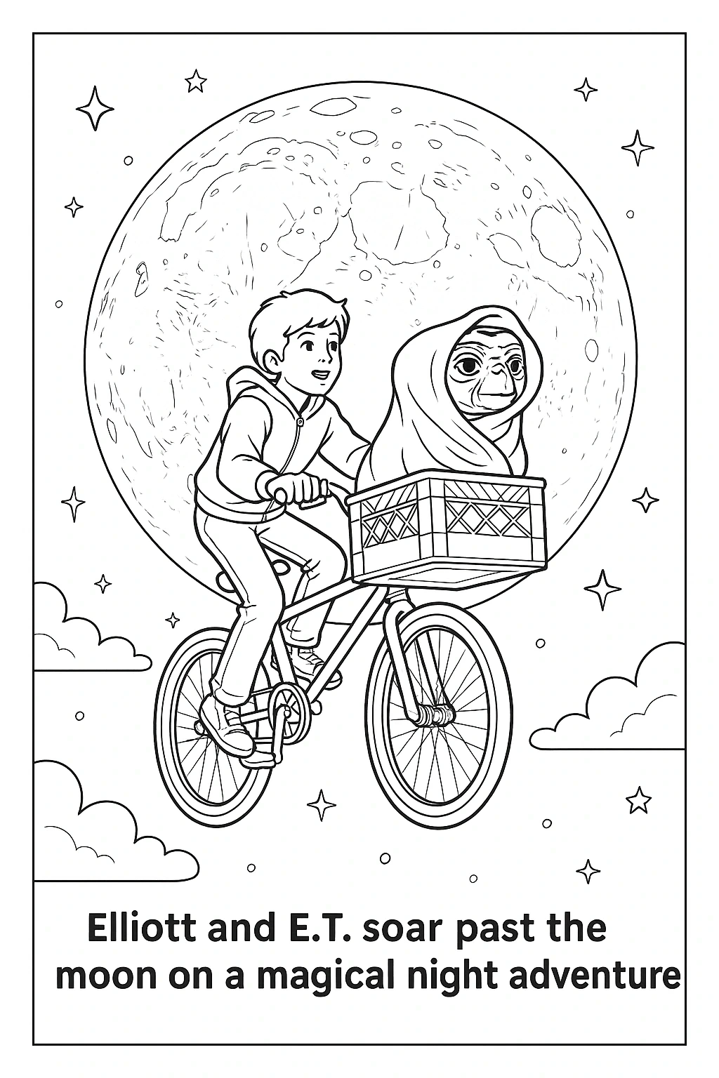 Black-and-white line art of a boy riding a bicycle with a wrapped alien passenger in a front basket as they soar past a large moon; detailed coloring page and kids' coloring page style, printable