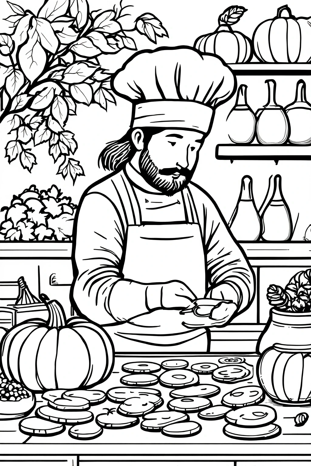 Black-and-white fall baking scene showing a chef arranging cookies on a table with pumpkins and shelves in the background. Designed as detailed coloring page suitable for kids' coloring page and as a