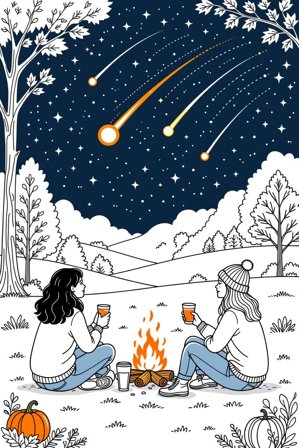 Two people sitting by a campfire in a fall meadow under a starry meteor shower black-and-white printable coloring sheet ideal for detailed coloring page, kids' coloring page, a printable coloring