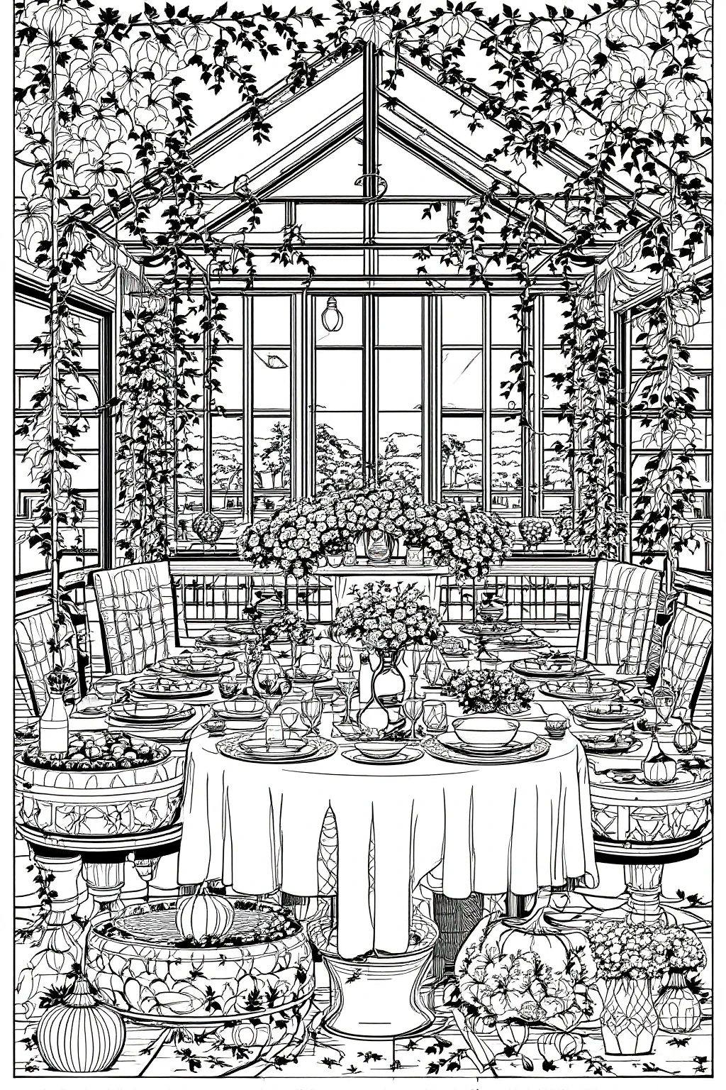 Intricate fall harvest dining room coloring page with table set, pumpkins, flowers and hanging vines detailed coloring page, kids' coloring page, printable coloring page, coloring sheets.