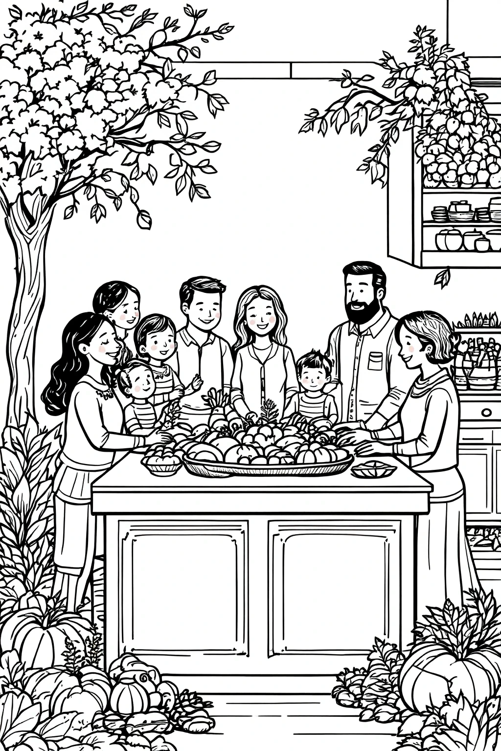 Black-and-white family harvest scene: people gathered around a table with pumpkins and fall produce detailed coloring page, kids' coloring page, printable coloring page, coloring sheets.