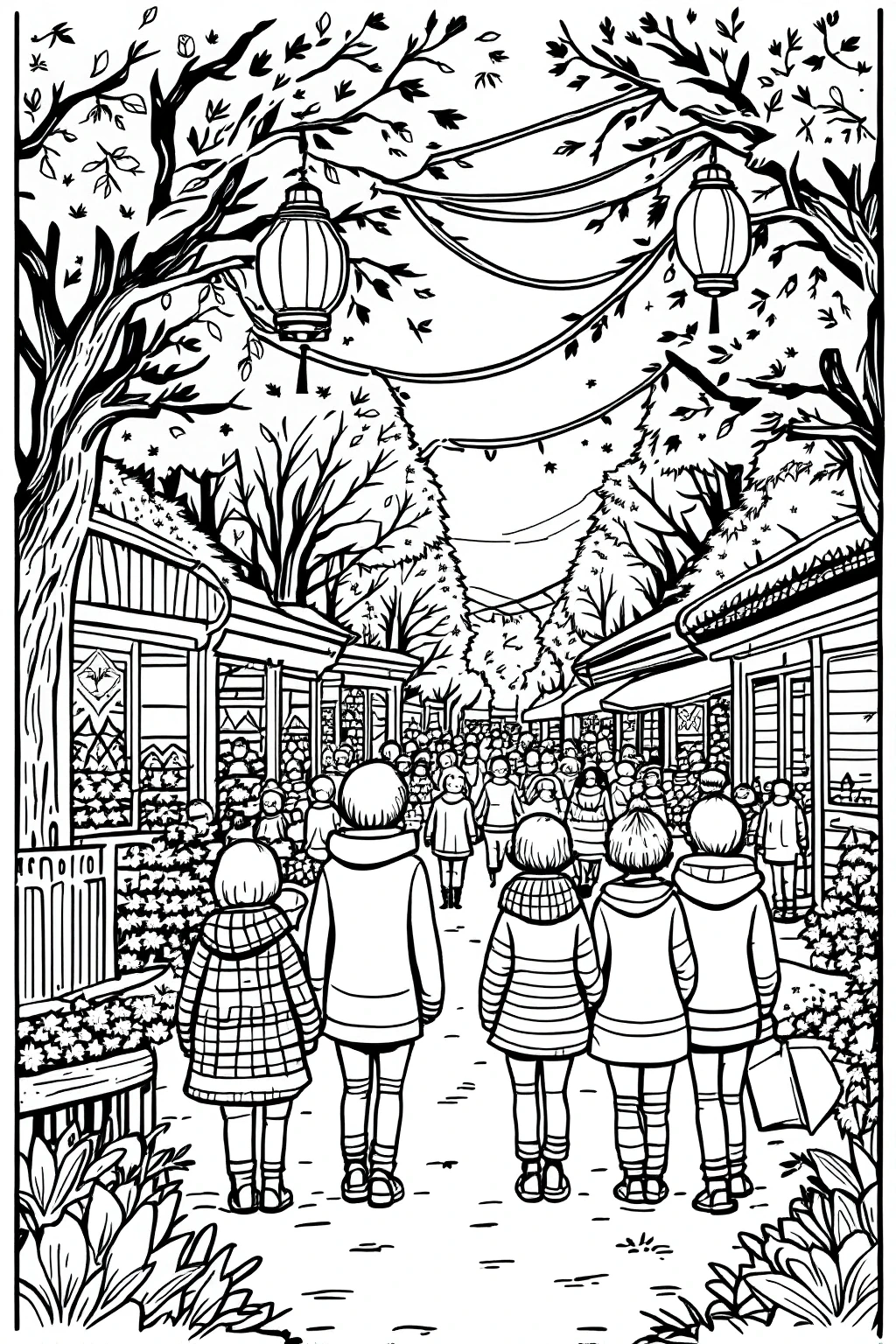 Black-and-white detailed street market coloring page with people walking under trees and lanterns detailed coloring page, kids' coloring page, printable coloring page and coloring sheets.