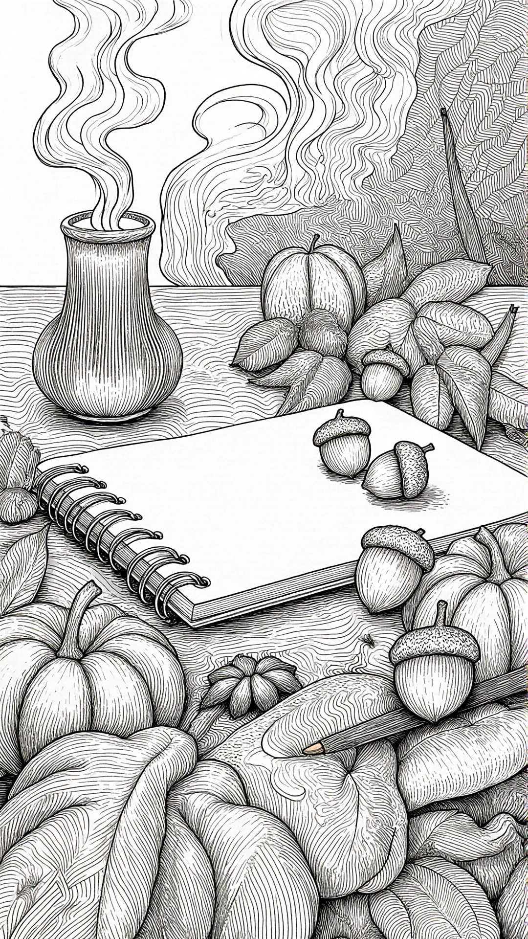 Black-and-white fall still life sketch with pumpkins, acorns, leaves, a spiral sketchbook and a vase with steam great detailed coloring page, kids' coloring page, printable coloring page and