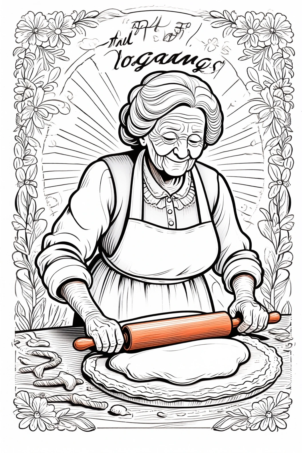 Black-and-white detailed coloring page of an elderly woman (grandma) rolling dough with a rolling pin; kids' coloring page and printable coloring page-style coloring sheets with floral border and