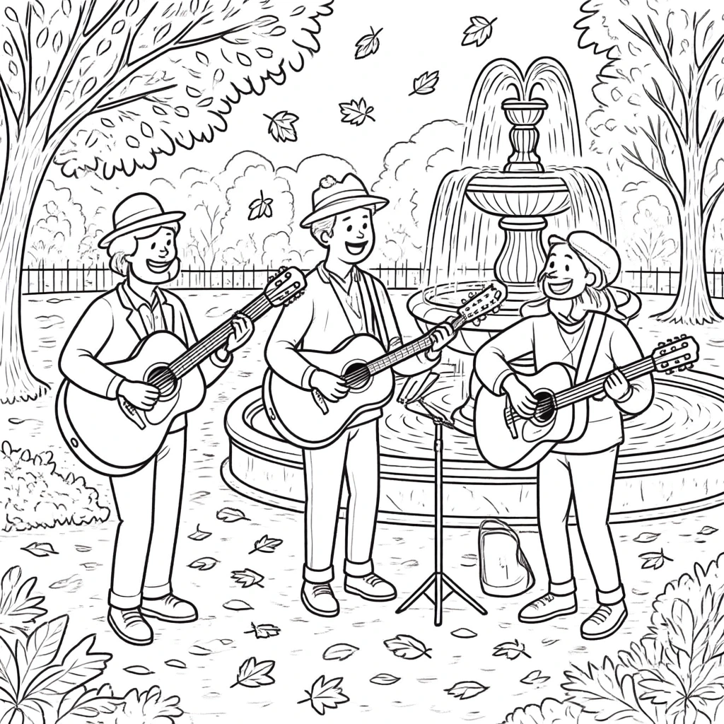 Line art of three people playing guitars by a fountain in a park surrounded by falling leaves; ideal as detailed coloring page, kids' coloring page, printable coloring page and coloring sheets for