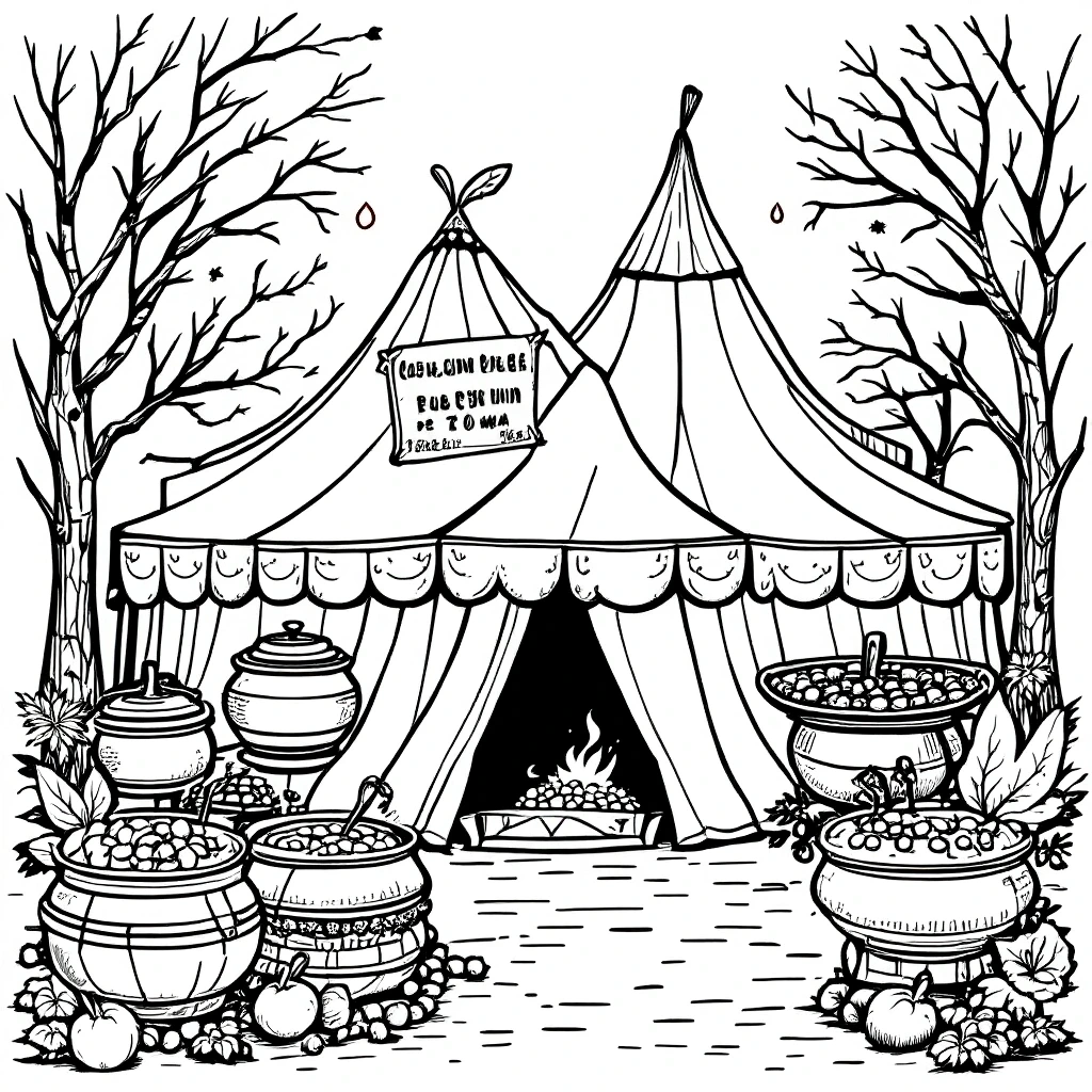 Black-and-white fall tent scene with bubbling cauldrons and pumpkins detailed coloring page and kids' coloring page printable coloring page coloring sheets for Halloween and autumn activities.