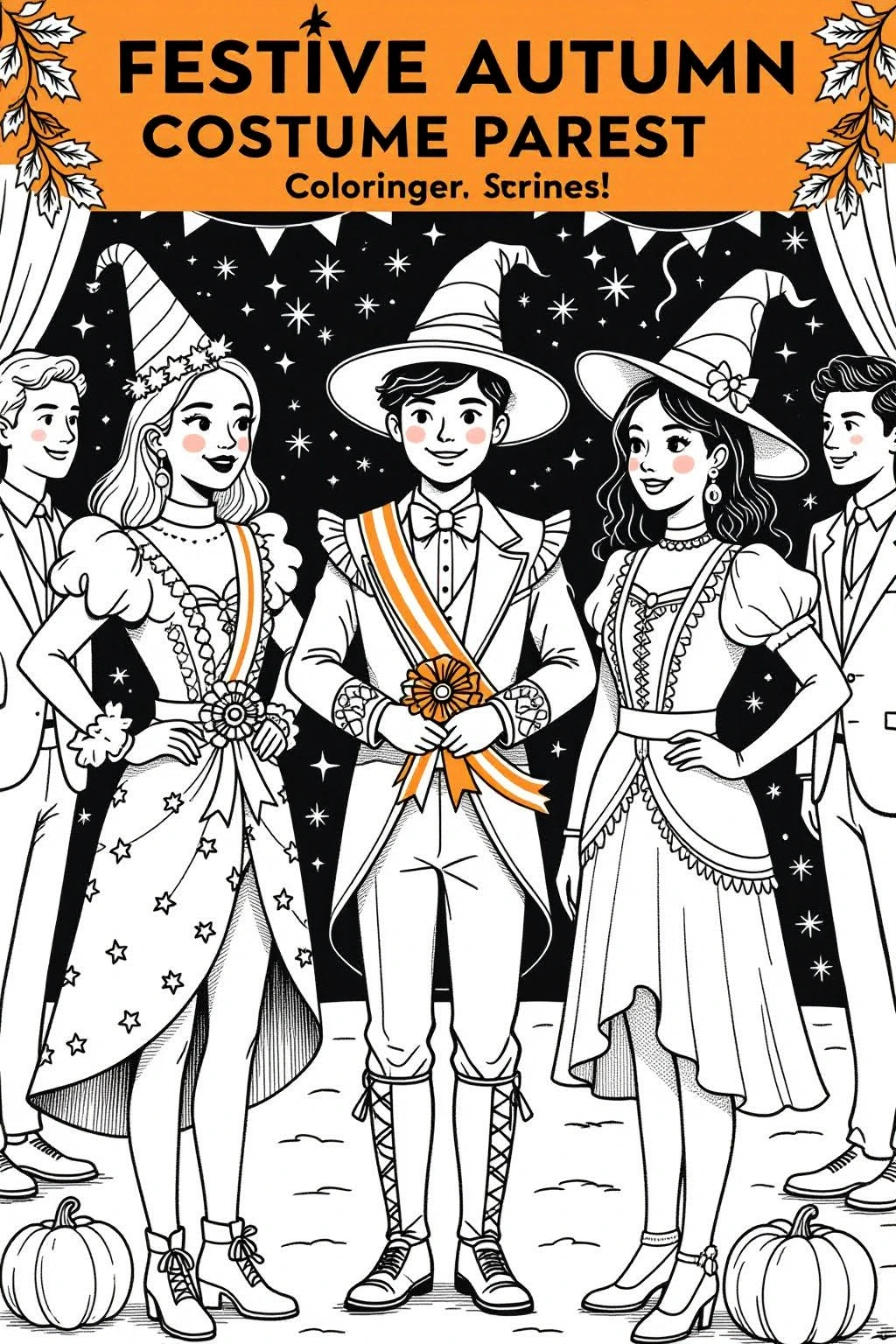 Black-and-white festive autumn costume page showing people in witch hats and formal costumes on stage with pumpkins detailed coloring page, kids' coloring page, printable coloring page, coloring
