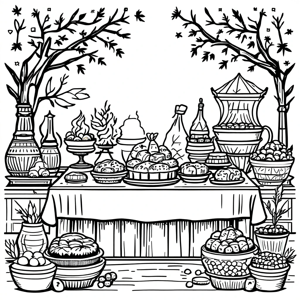 Black and white harvest table line art with bowls, bread, fruits, vases and trees detailed coloring page, kids' coloring page, printable coloring page, coloring sheets for fall and holiday fun.