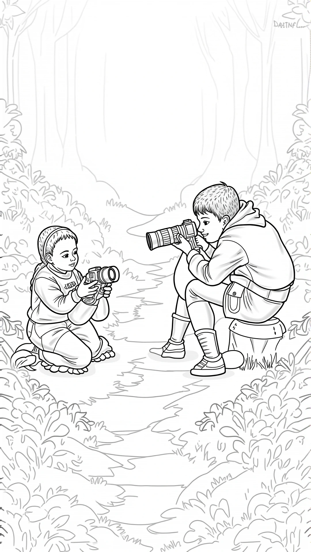 Line art showing two kids photographing each other in a forest scene; ideal for detailed coloring page, kids' coloring page, printable coloring page and coloring sheets; people-themed outdoor scene